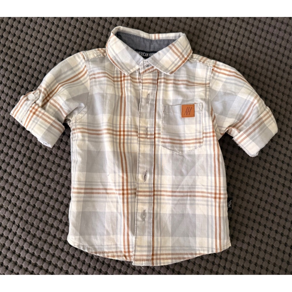 American Hawk Baby Boy Plaid Button Down Shirt Grey Tan 12M Roll Tab Sleeve